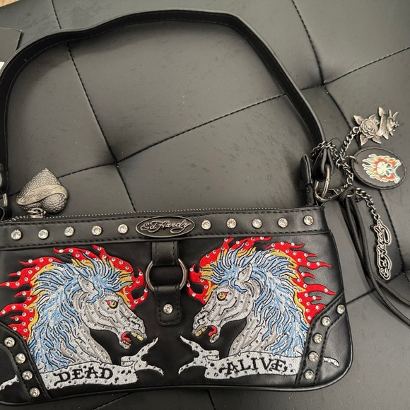 Ed Hardy Handbags - Ed Hardy Black Shoulder Bag with Twin Horse Embroidery and Red Flame Accents